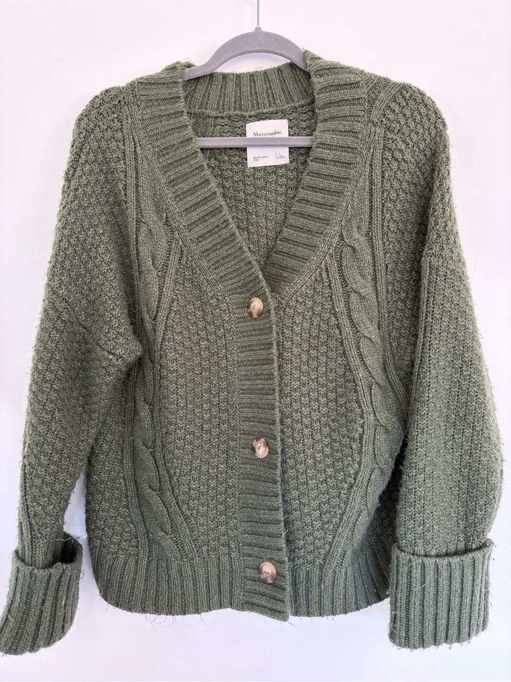 Abercrombie & Fitch Sage Green Cable Knit Button-Front Cardigan